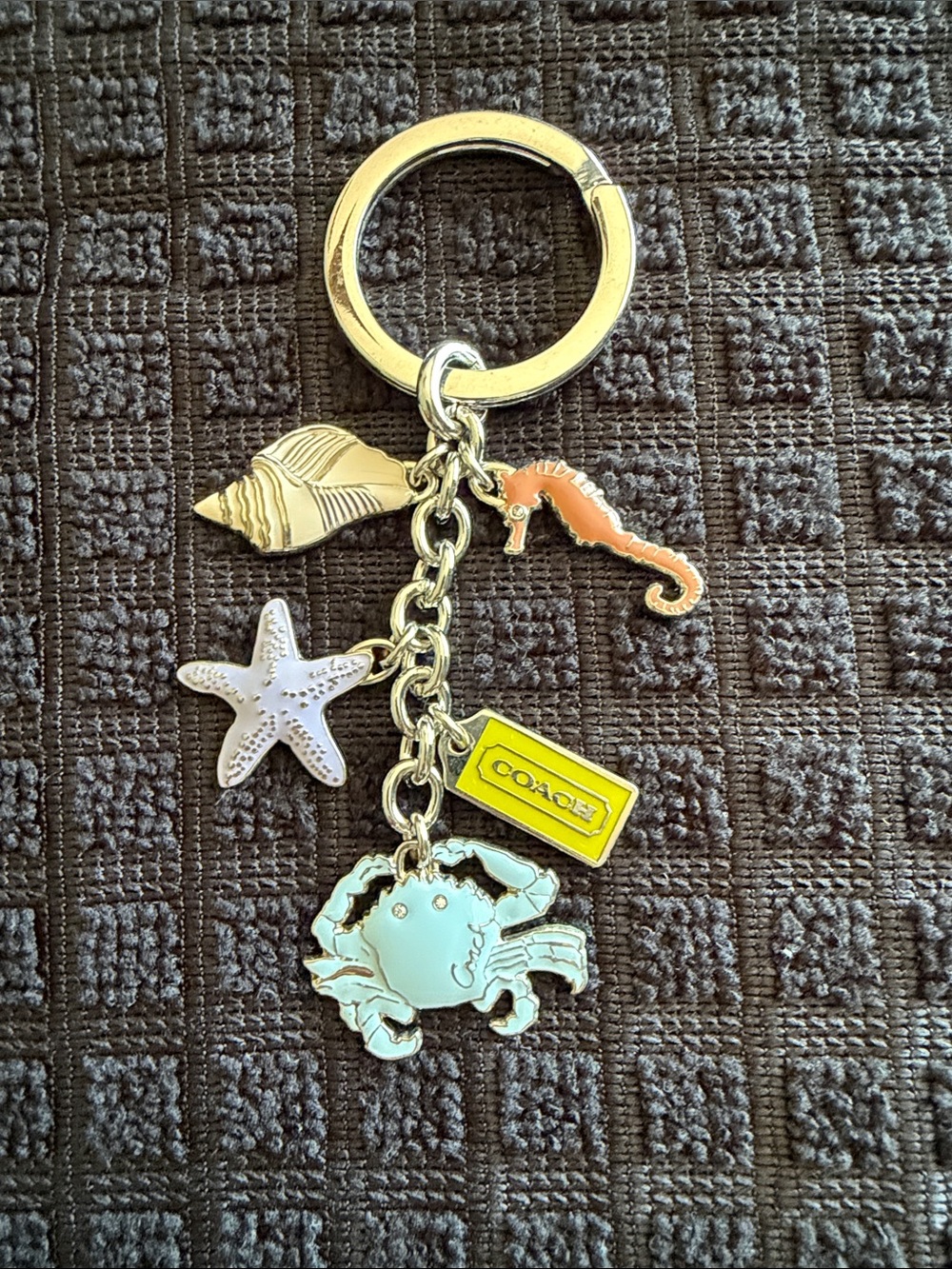 Coach under the Sea key fob set  — Light Blue Crab, Yellow Logo, Coral Seahorse